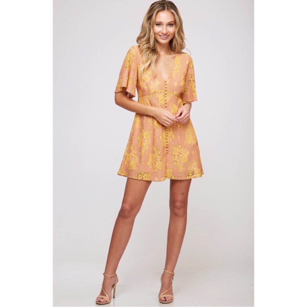 Lace Peach & Gold Short Sleeve Mini Dress